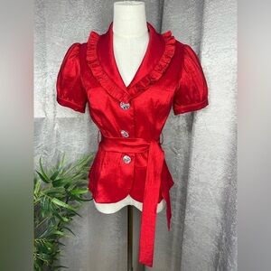 Cachet Women’s Vintage Rhinestone Button Belted Blouse Red Sz 6 Petite